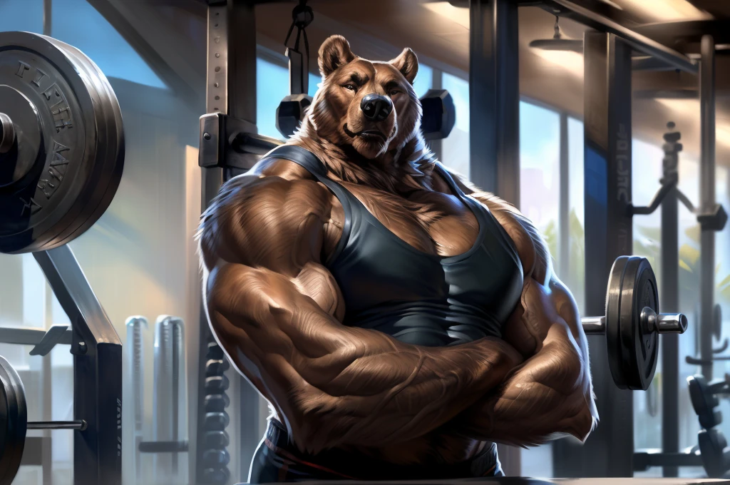 4k, high resolution, best quality, perfect colors, perfect shadows, perfect lighting, (close up, portrait, upper body shot), posted on e621, furry body, solo, anthro brown bear, (monotone brown fur:1.3), male, adult, (veiny biceps, strongman, manly, brutal, masculine:1.4), gym background, weights equipments, correct anatomy, night at the gym, (photorealistic detailed fur, epic, masterpiece:1.2), (by Taran Fiddler, by Chunie, by Rukis, Bonifasko lighting), detailed bear eyes, best posture, looking at the camera, (arms crossed:1.2), (detailed tactical gym tank:1.3), (black gym shorts:1.3)
