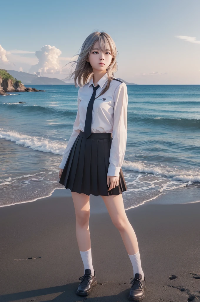 ((masterpiece)), ((Highest quality)), ((High resolution)), ((Highly detailed CG Unity 8k wallpaper)), alone, Tachibana Sonata, Brown uniform, Black Skirt, White socks, Outdoor, face, curtained hair, Beach, Parted hair, Silver Hair