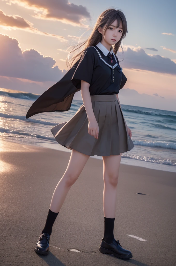 ((masterpiece)), ((Highest quality)), ((High resolution)), ((Highly detailed CG Unity 8k wallpaper)), alone, Tachibana Sonata, Brown uniform, Black Skirt, White socks, Outdoor, face, curtained hair, Beach, Parted hair, Silver Hair