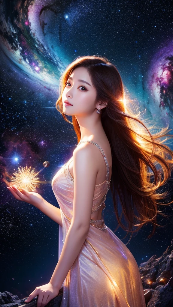 high resolution、gorgeous、goddess、The background is space、Shining stars and nebulae、1 person、front、