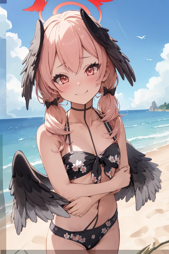 kohass, bikini, low twintails, low wings, head wings, halo, cowboy shot, beach,nature,flowers,
(best quality, masterpiece, RAW photo,ultra-detailed:1.2), 1girl,solo,looking at viewer,smile