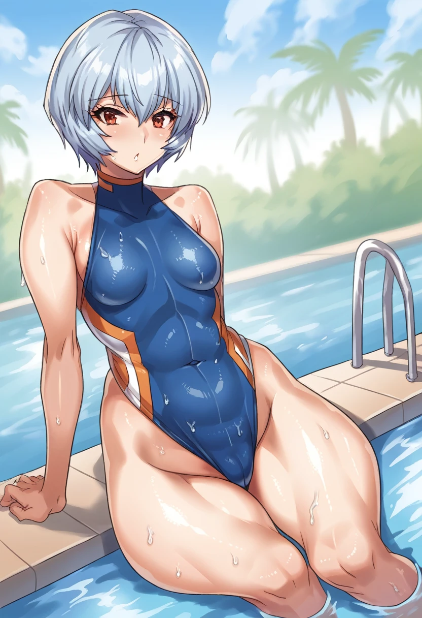 score_9, score_8_up, score_7_up, score_6_up, score_5_up, score_4_up, (source_anime), 1girl, neon genesis evangellion,( rei ayanami, small breasts, big Thighs), far, full body, Swimming pool ,Revealing the breasts, Swimsuit, Wet, school
