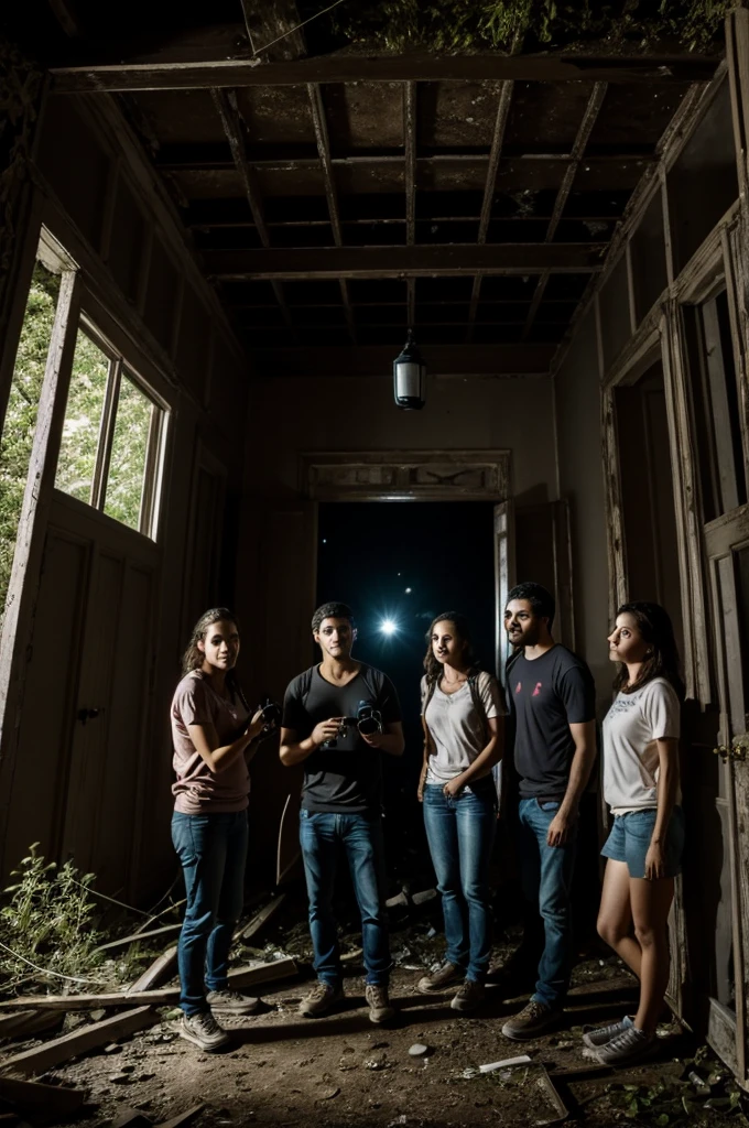 Four friends (Sara, David, Laura and Carlos) with flashlights and cameras, dressed in casual clothes, at the entrance of the abandoned house, showing a mix of curiosity and nervousness.