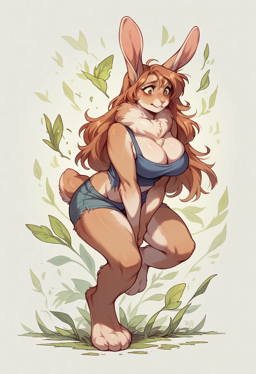 nude, female, cute, wide hips, small breast, blushing, surprised, animal ears, tail, blushing, forest, waterfall