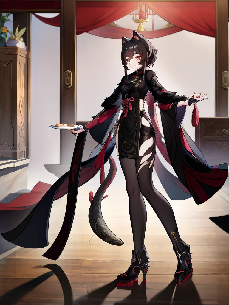 full height. anthropomorphic cat. little height. black fur. chinese costume. ribbons. pancake tail. long ears. thin cat paws. no hair