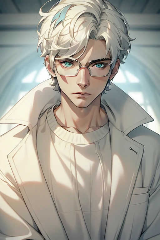 ((Masterpiece, Highest Quality)), Detailed Face, male, white sweater, turquoise eyes, (((Top Quality))), Short hair, Shaved whiskey,Spits, white colored hair, Stylish glasses