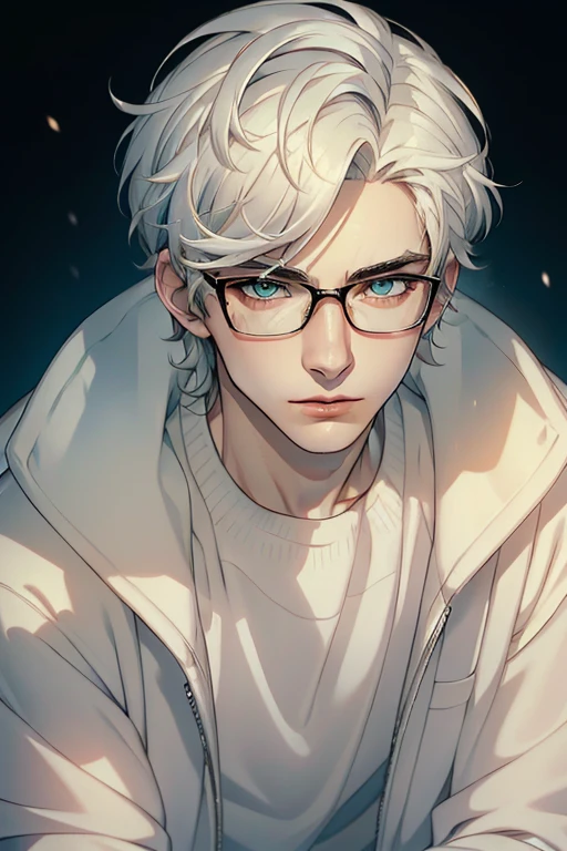 ((Masterpiece, Highest Quality)), Detailed Face, male, white sweater, turquoise eyes, (((Top Quality))), Short hair, Shaved whiskey,Spits, white colored hair, Stylish glasses