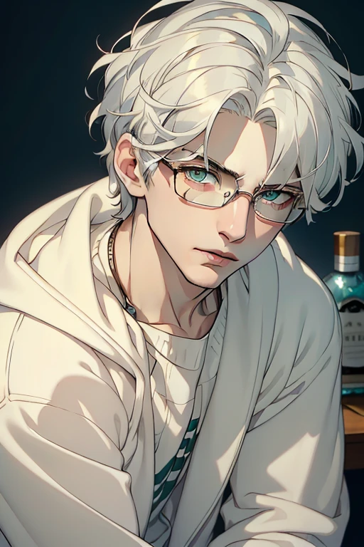 ((Masterpiece, Highest Quality)), Detailed Face, male, white sweater, turquoise eyes, (((Top Quality))), Short hair, Shaved whiskey,Spits, white colored hair, Stylish glasses