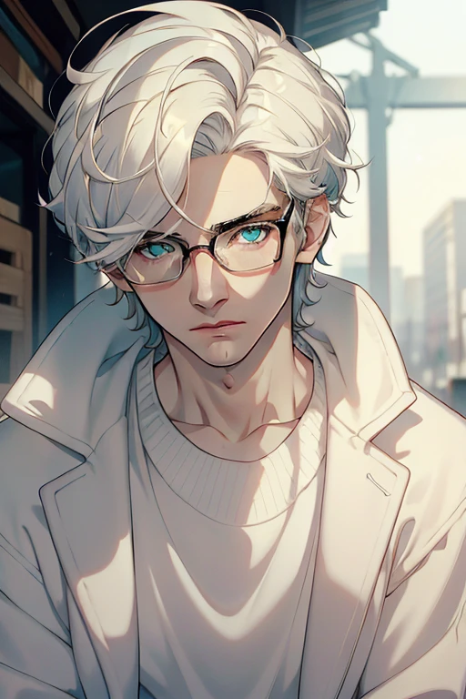 ((Masterpiece, Highest Quality)), Detailed Face, male, white sweater, turquoise eyes, (((Top Quality))), Short hair, Shaved whiskey,Spits, white colored hair, Stylish glasses