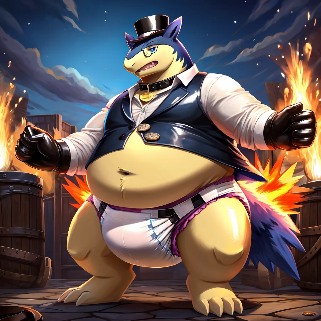 Solo, Male, fat, extremely obese, gentleman, dapper Professor Typhlosion, blue eyes, (posing:1.3), (soft shading), 4k, hi res, ((detailed face, detailed)), looking at viewer, mouth wide open, steampunk, collared shirt with buttons, top hat, male focus, Explorer Outfit, glasses, monocle, vest with buttons, sleeves rolled up, round eyewear, brown headwear, brown vest, Typhlosion is wearing a glossy leather dog collar around the neck, Typhlosion is wearing the leather collar and shirt and vest at the same time, Typhlosion is wearing glossy white rubber gloves on the hands, wearing white rubber gloves on the feet, gloves are rubber in texture, clenching teeth, clenching fists, leather collar is glossy and shiny with a lot of detail, Typhlosion is wearing gloves and leather collar at the same time, leather collar has a round dog-tag, leather collar is thick and detailed, leather collar is glossy and shiny, fancy clothing, dapper vest, dapper shirt, leather collar is thick, glossy leather collar, Typhlosion is wearing a diaper, diaper is dirty.