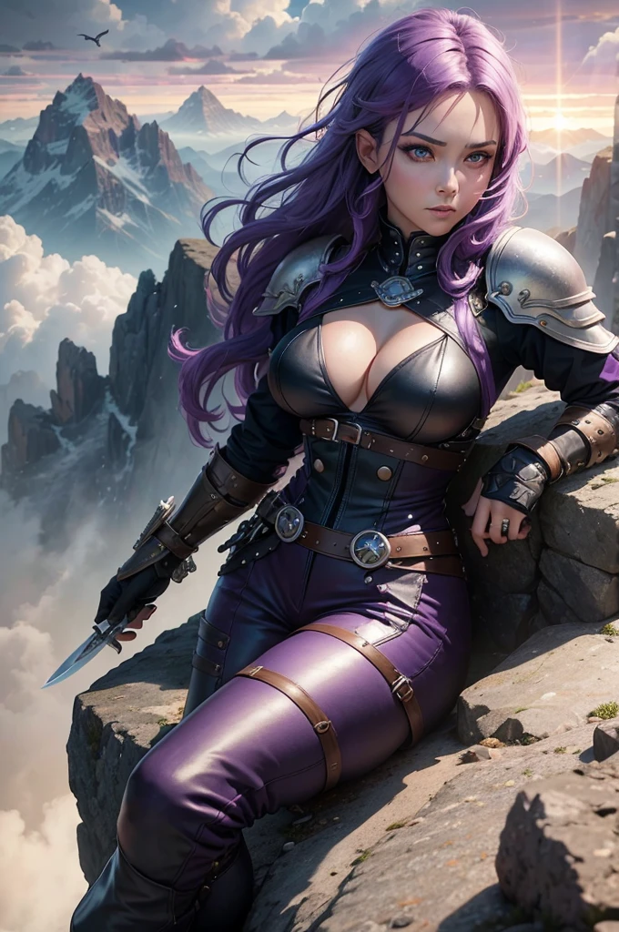 a one woman, purple hair, sitting on top of a very high mountain, cloudy sky, armour, little visible skin, long leather pants, pockets with knives, beautiful breasts, rays on the horizon, epic scene, solemn countenance, Fantasy world, birds flying, detailedeyes, beautifuleyes, Crisp look, gazing at the horizon.