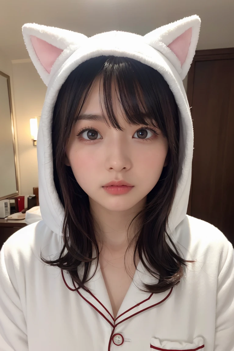 one girl, (a beauty girl, delicate girl:1.3), (Age 25:1.3),
break, (White fluffy kigurumi pajamas, Cat costume:1.2), (Upper Body:1.2),
break, Definition of very fine particles, (Symmetrical eyes:1.3),
break, (Bedroom:1.3), 
break, Small breasts, Brown eyes, Parted bangs, Brown Hair,  girl,
break, (Eye and facial details:1.0),
break, (masterpiece, Highest quality, Very detailed, Detailed face, 8k)、Upper Bodyは裸、Nipples sticking out、 (Upper Bodyは裸)、 (Nipples sticking out)