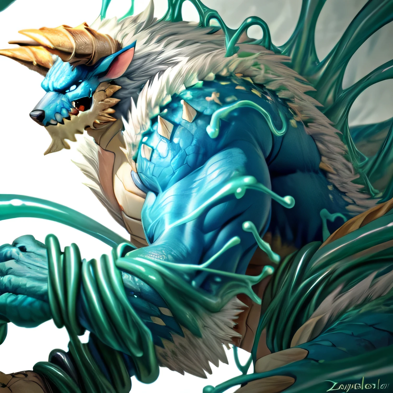 anthropology,(zinogre:1.2),Tail,((whole body,blue eyes, Blue body, White furry, Yellow Hand, Feet, Blue face,4 toes,Tail )),,muscular, whole body, (author：null-ghost,From raccoon21,masterpiece,high quality), Night Fight,((boundary)), rest (((Slime monster uses tentacles to fight dragon))，4 toes，struggle, (pain:1.3)，frown，annoyed, Worry,full body,pawpads,((horns))