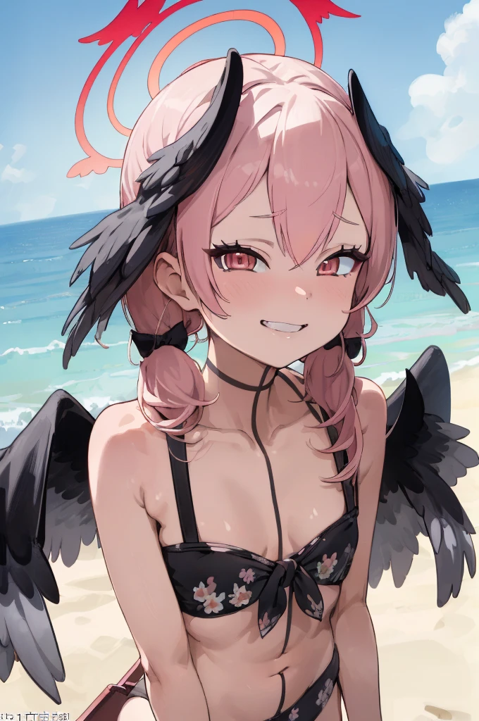 kohass, bikini, low twintails, low wings, head wings, halo, cowboy shot, beach,nature,flowers,
(best quality, masterpiece, RAW photo,ultra-detailed:1.2), 1girl,solo,looking at viewer,smile,nsfw