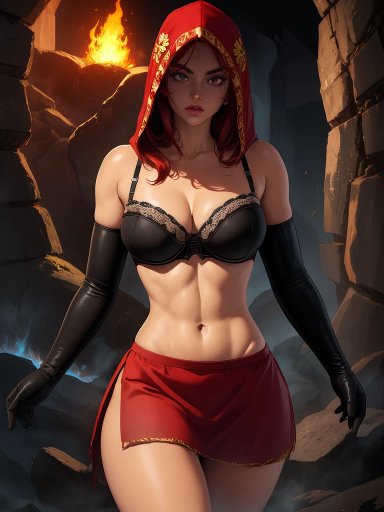 Dsorceress, redhair, shadowy face,dark cave, fire, hood, shadowed face, strapless bra, slim and athletic body, miniskirt, no panty, elbow gloves, dark skin, 1 girl (insanely detailed, masterpiece, best quality) 