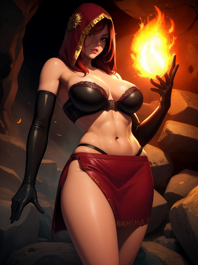 Dsorceress, redhair, shadowy face,dark cave, fire, hood, shadowed face, strapless bra, slim and athletic body, miniskirt, no panty, elbow gloves, dark skin, 1 girl (insanely detailed, masterpiece, best quality)