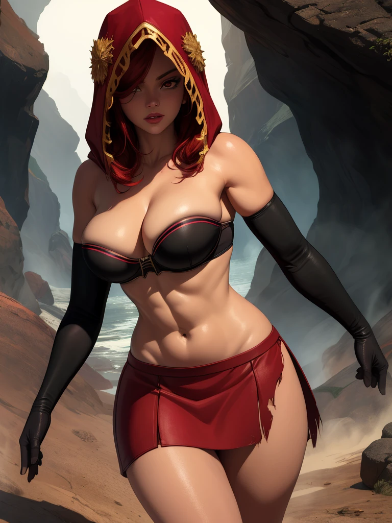 Dsorceress, redhair, shadowy face,dark cave, fire, hood, shadowed face, strapless bra, slim and athletic body, miniskirt, no panty, elbow gloves, dark skin, 1 girl (insanely detailed, masterpiece, best quality)