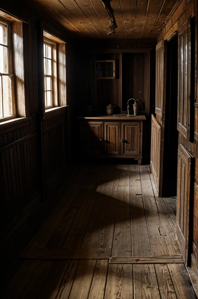 Inside the house, dark and dusty, with the creaky wooden floor, old furniture covered in cobwebs, and walls that seem to whisper.