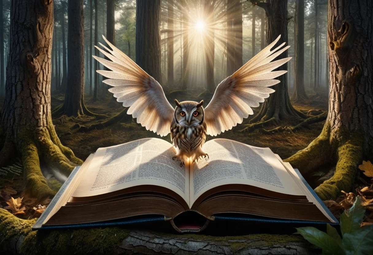 Hyperrealistic style of digital art, "Fairy Tale", a fantastic world coming out of a book in the center, an open book, a fantastic double-exposure illustration, a masterpiece, cinematic, against the background of a wild forest with an old oak and an owl on top, Andreas Lee, Luke Graham, photorealism, illumination, magnificent light