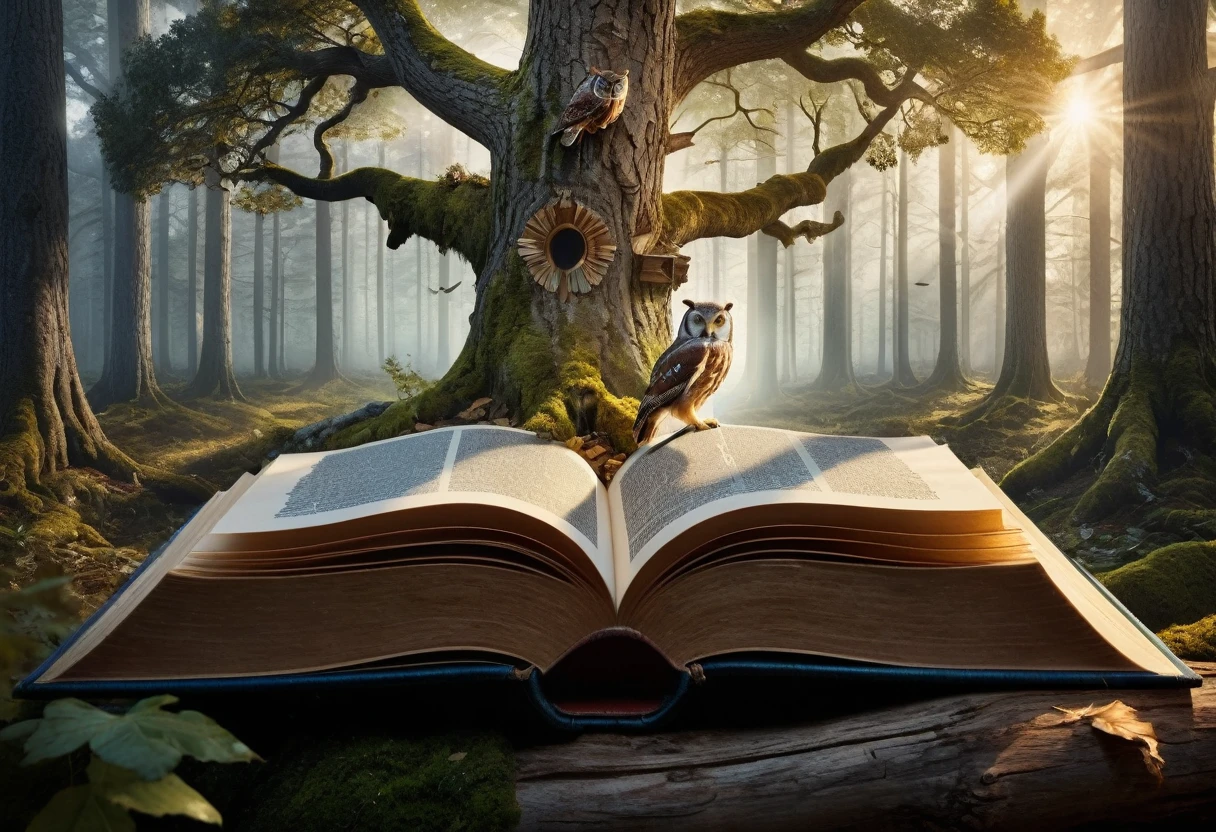 Hyperrealistic style of digital art, "Fairy Tale", a fantastic world coming out of a book in the center, an open book, a fantastic double-exposure illustration, a masterpiece, cinematic, against the background of a wild forest with an old oak and an owl on top, Andreas Lee, Luke Graham, photorealism, illumination, magnificent light