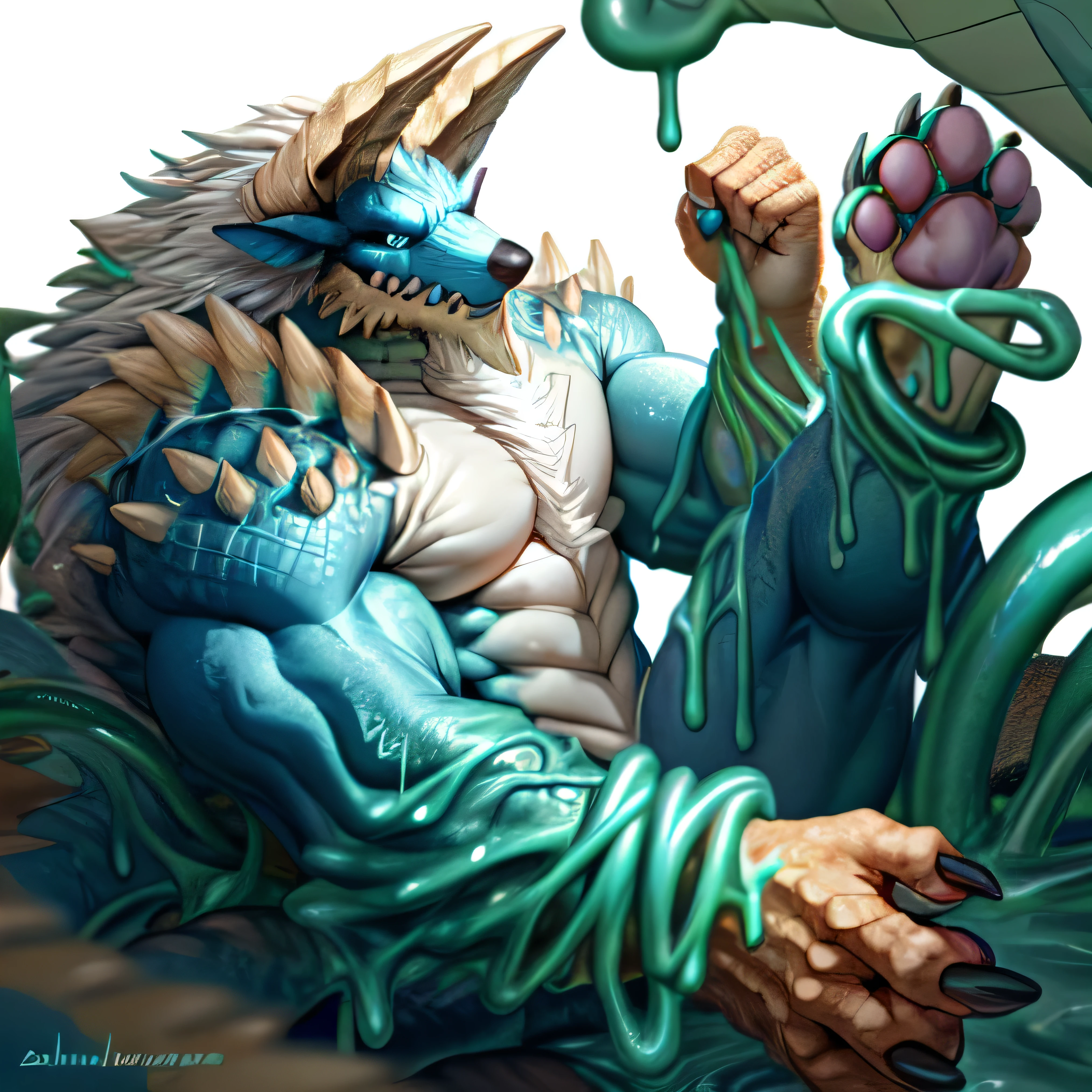 anthropology,(zinogre:1.2),Tail,((whole body,blue eyes, Blue body, White furry, Yellow Hand, Feet, Blue face,4 toes,Tail )),,muscular, whole body, (author：null-ghost,From raccoon21,masterpiece,high quality), Night Fight,((boundary)), rest (((Slime monster uses tentacles to fight dragon))，4 toes，struggle, (pain:1.3)，frown，annoyed, Worry,full body,pawpads,((horns))