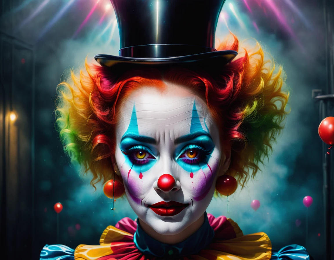 1 woman clown makeup, MYSTERY, in the style of David Lynch, vibrant, futuristic, classic, --aspect 16:9 --c 51