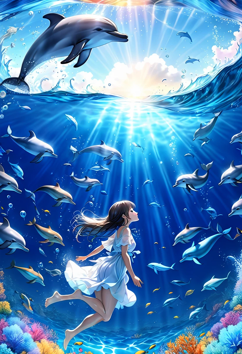A picture of a dolphin swimming in a colorful sea, Light blue long hair、Beautiful girl with twin tails、Look up the composition, Inspired by Cyril Rolland, Beautiful artwork illustration, author:Shitao, Colorful concept art, Cyril Rolland style, Flying Whale, Very detailedな水彩画 8K, Very detailedな水彩画 8 K,Octane,end,Realistic,8K,Shinkai Makoto style( Reaendble design, Clear lines, High Sharpness,Highest quality, Very detailed, Master Parts, Cinematic lighting effects, 4K )