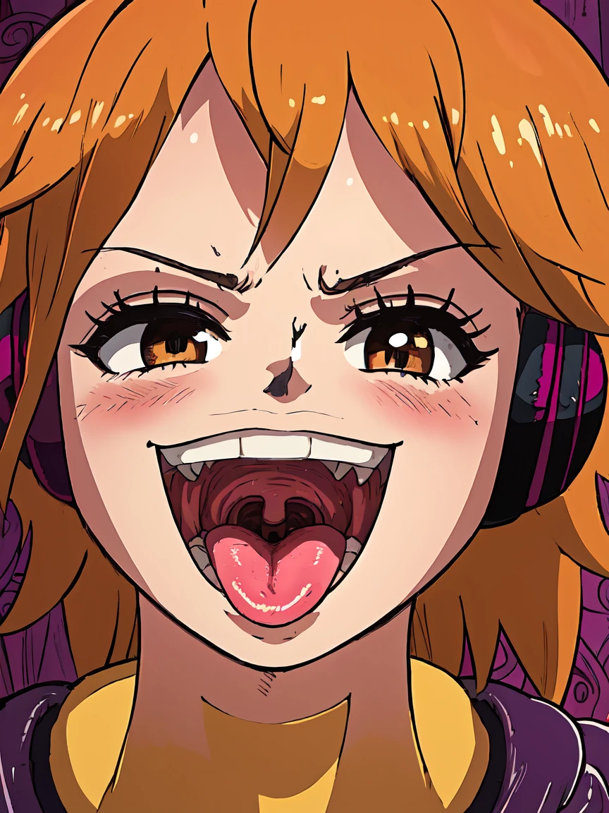 masterpiece, ((ultra detailed background, delicate pattern, intricate detail)), (highly detailed, fine details), best quality, beautiful lighting, ((medium breasts, slim girl)), 1girl, Lilith, ((mischievous smile)) ,(bangs covering one eye), ((light ginger hair)),headphones, (brown eyes), dark-purple jacket,(pink bodysuit, (close-up, portrait), blush, open mouth, big mouth, tongue, tongue out, close up, saliva, uvula, uvula, room, mouth focus, excessive saliva, hair one eye covered, room, indoors, angry
