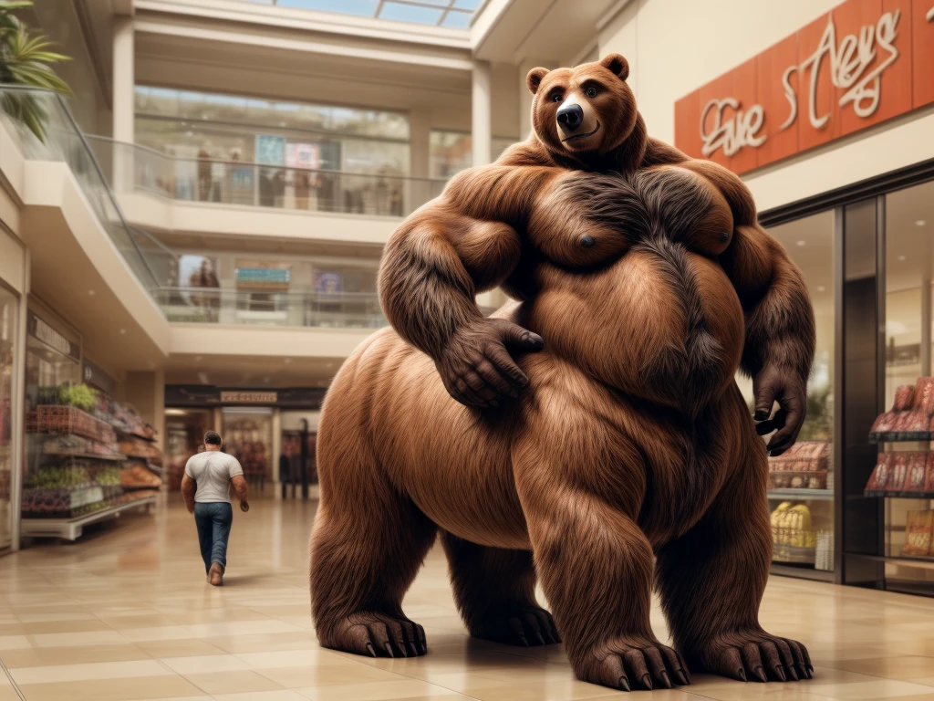 furry, fur taur, beartaur, middle-age, solo, detailed face, bear ears, bear eyes(brown), bear nose(black), bear mouth, garibaldi beard(white), mature hair(white), detailed arms, thick arms, muscular, thick hands(5 fingers), detailed body belly, thick body, muscle belly(brown), thick chest, chest hair(black), detailed taur body, thick taur body, thick bear paws, thick bear tail, full body shot, summer, standing in the shopping mall