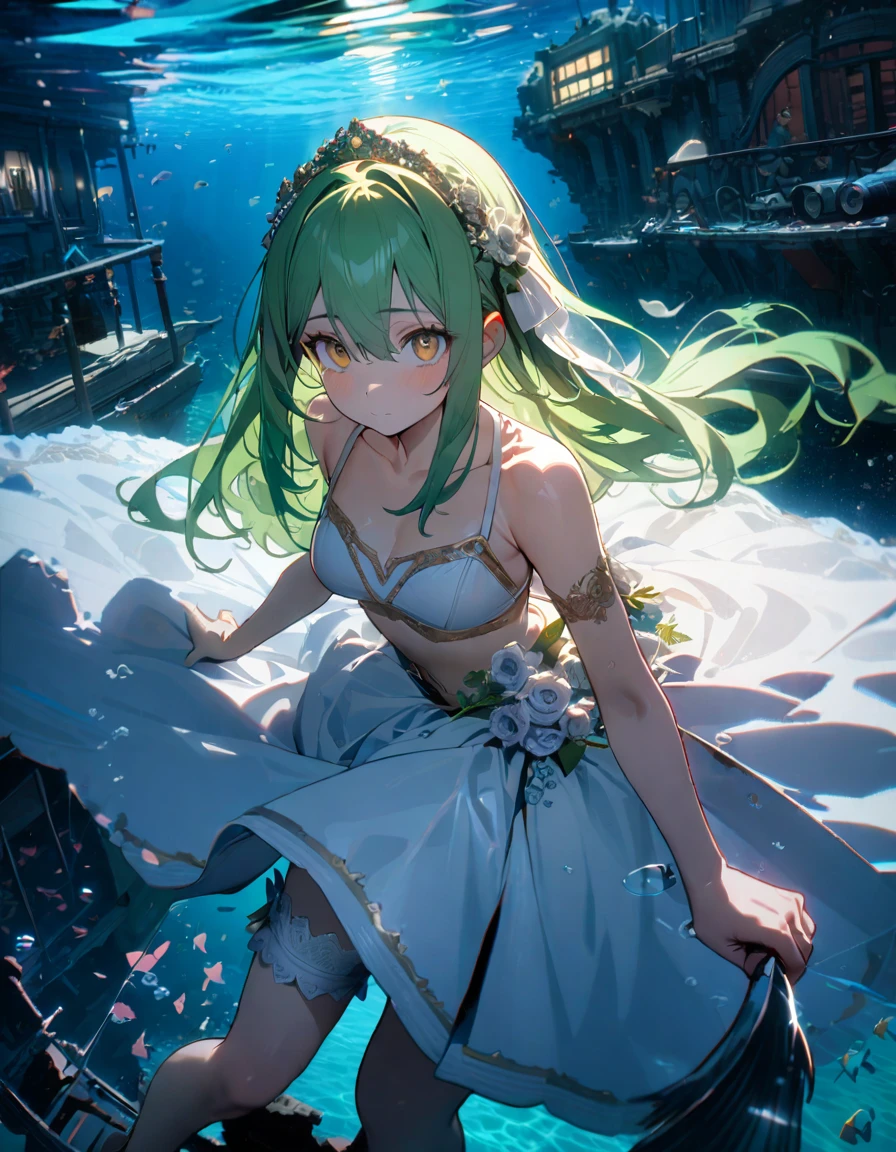 (8K, best quality, master piece: 1.2),super high resolution,1 girl,18yo,solo,ultra-detailed face,deep detailed eyes,yellow eyes,(wedding dress,bikini:1.2),Bridal garter,green hair,green hair, long hair,(Breaststroke in clear sea),sunken ship,Cinema lighting,Wide Angle,underwater city