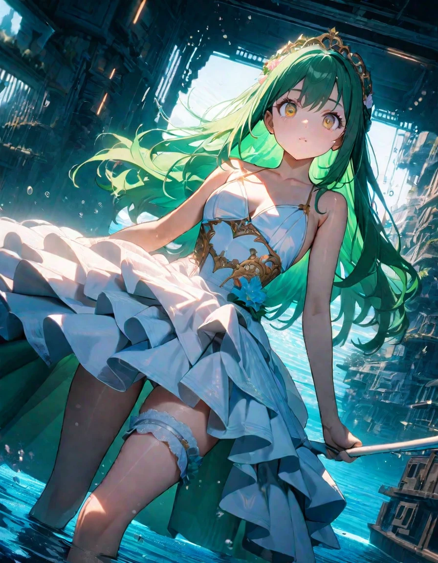 (8K, best quality, master piece: 1.2),super high resolution,1 girl,18yo,solo,ultra-detailed face,deep detailed eyes,gold eyes,(wedding dress,bikini:1.2),Bridal garter,green hair,green hair, long hair,(Butterfly stroke in clear sea),sunken ship,Cinema lighting,Wide Angle,underwater city