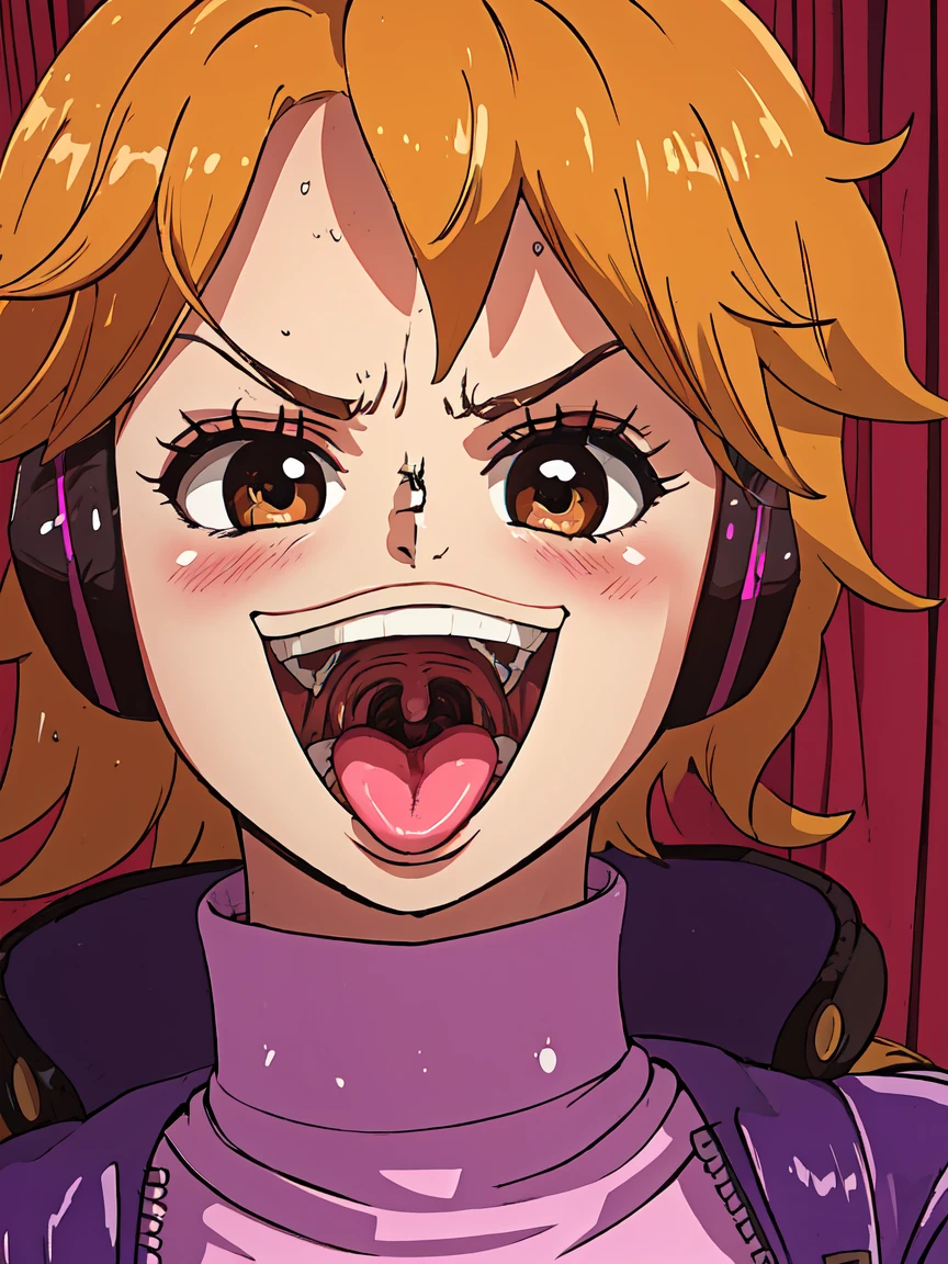 masterpiece, ((ultra detailed background, delicate pattern, intricate detail)), (highly detailed, fine details), best quality, beautiful lighting, ((medium breasts, slim girl)), 1girl, Lilith, ((mischievous smile)) ,(bangs covering one eye), ((light ginger hair)),headphones, (brown eyes), dark-purple jacket,(pink bodysuit, (close-up, portrait), blush, open mouth, big mouth, tongue, tongue out, close up, saliva, uvula, uvula, room, mouth focus, excessive saliva, hair one eye covered, room, indoors, angry
