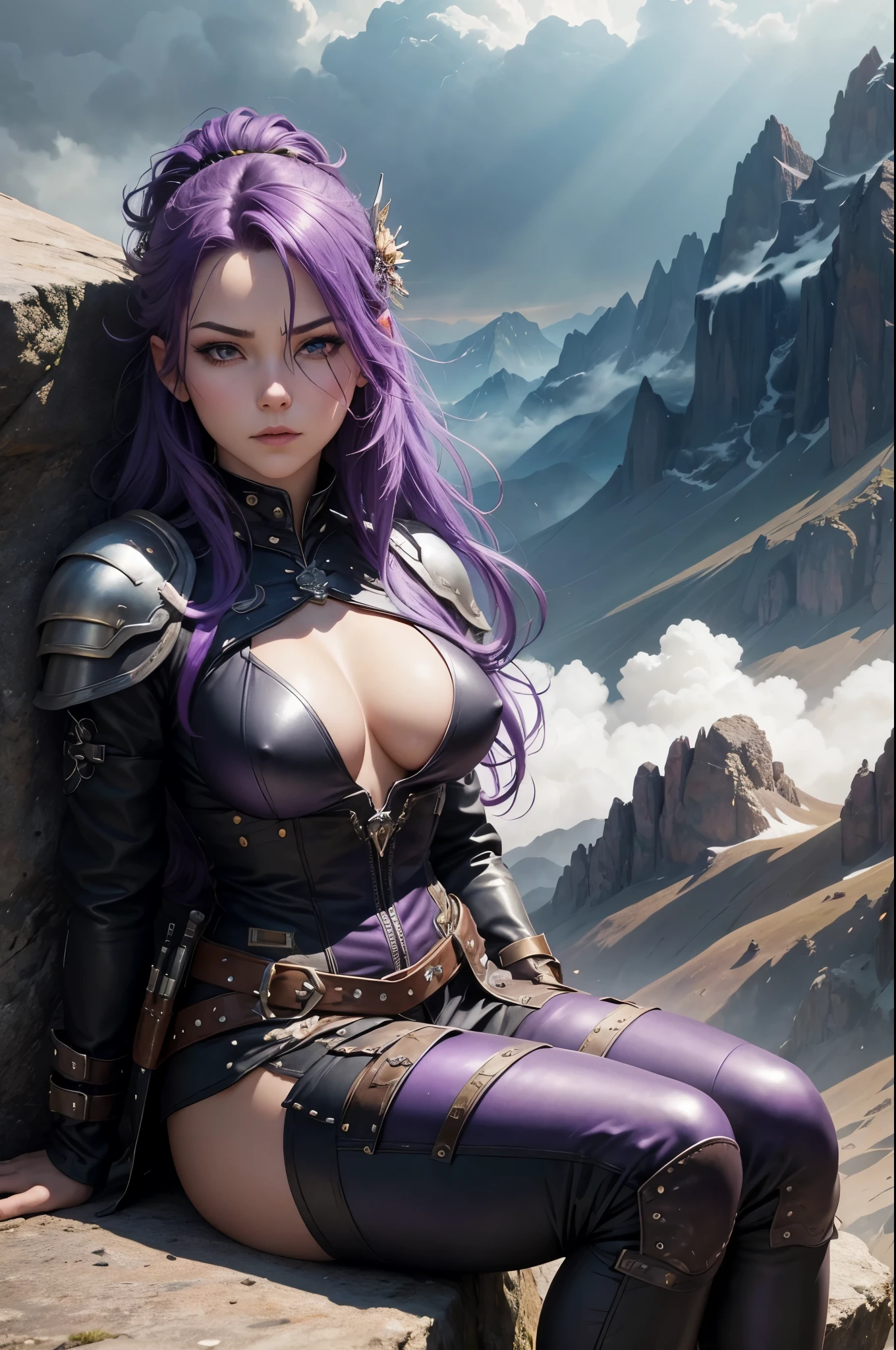 a one woman, purple hair, sitting on top of a very high mountain, cloudy sky, armour, little visible skin, long leather pants, pockets with knives, beautiful breasts, rays on the horizon, epic scene, solemn countenance, Fantasy world, birds flying, detailedeyes, beautifuleyes, Crisp look, gazing at the horizon.