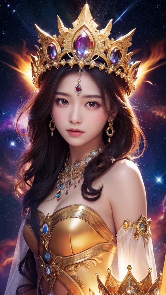 high resolution、gorgeous、goddess、crown、The background is space、Shining stars and nebulae、front、