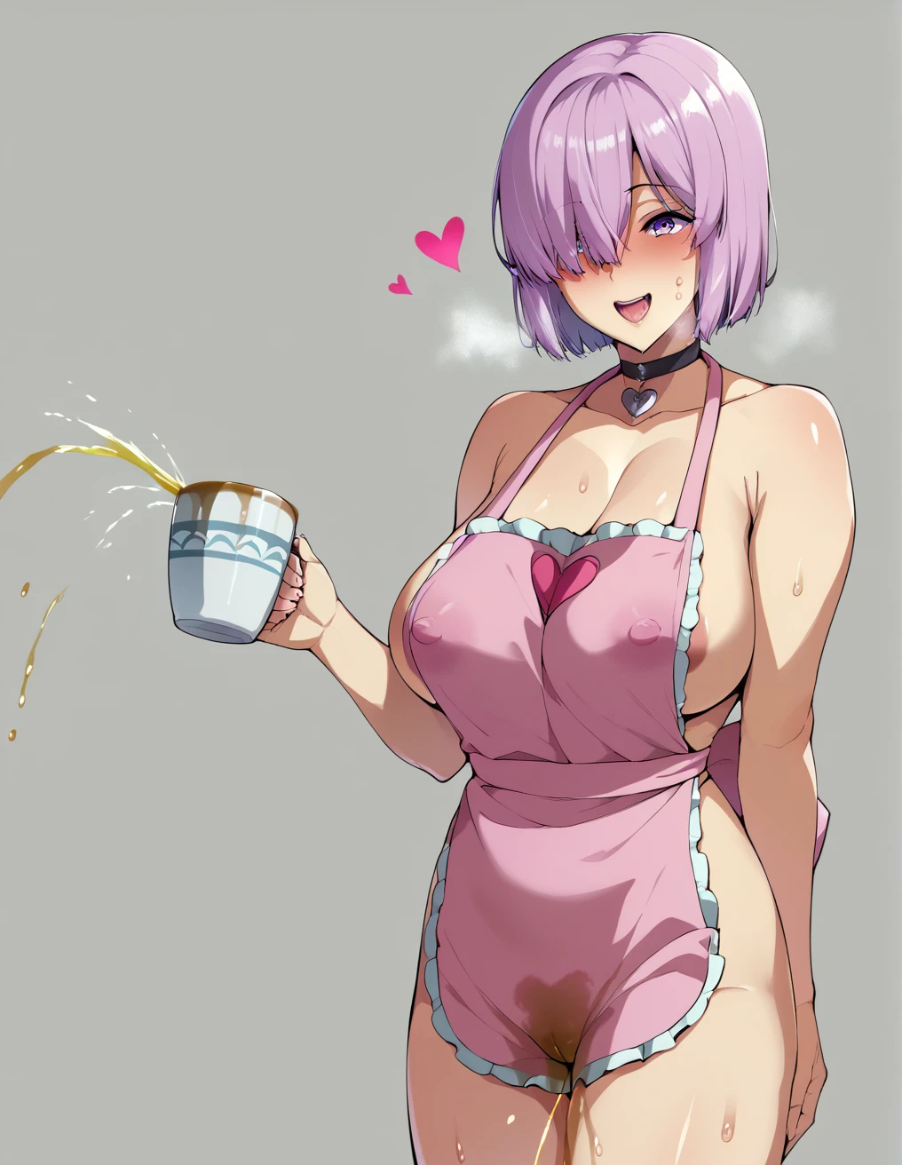Place a cup under your crotch、Squirting、Pour urine into a cup、Pour into a cup、Ultra-detailed illustrations、Ultra-precise expression、masterpiece、Highest quality、ultra High resolution、High resolution、Hiromitsu Takeda Style、White background、Simple Background、Mash Kyrielight、light purple hair,short hair,hair over one eyes、Naked Pink Apron、heart apron、Vulgar expression、smile、Open your mouth、Choker of Hearts、White Breath、Sweat、Glowing Skin、shiny skin、Put the plate、