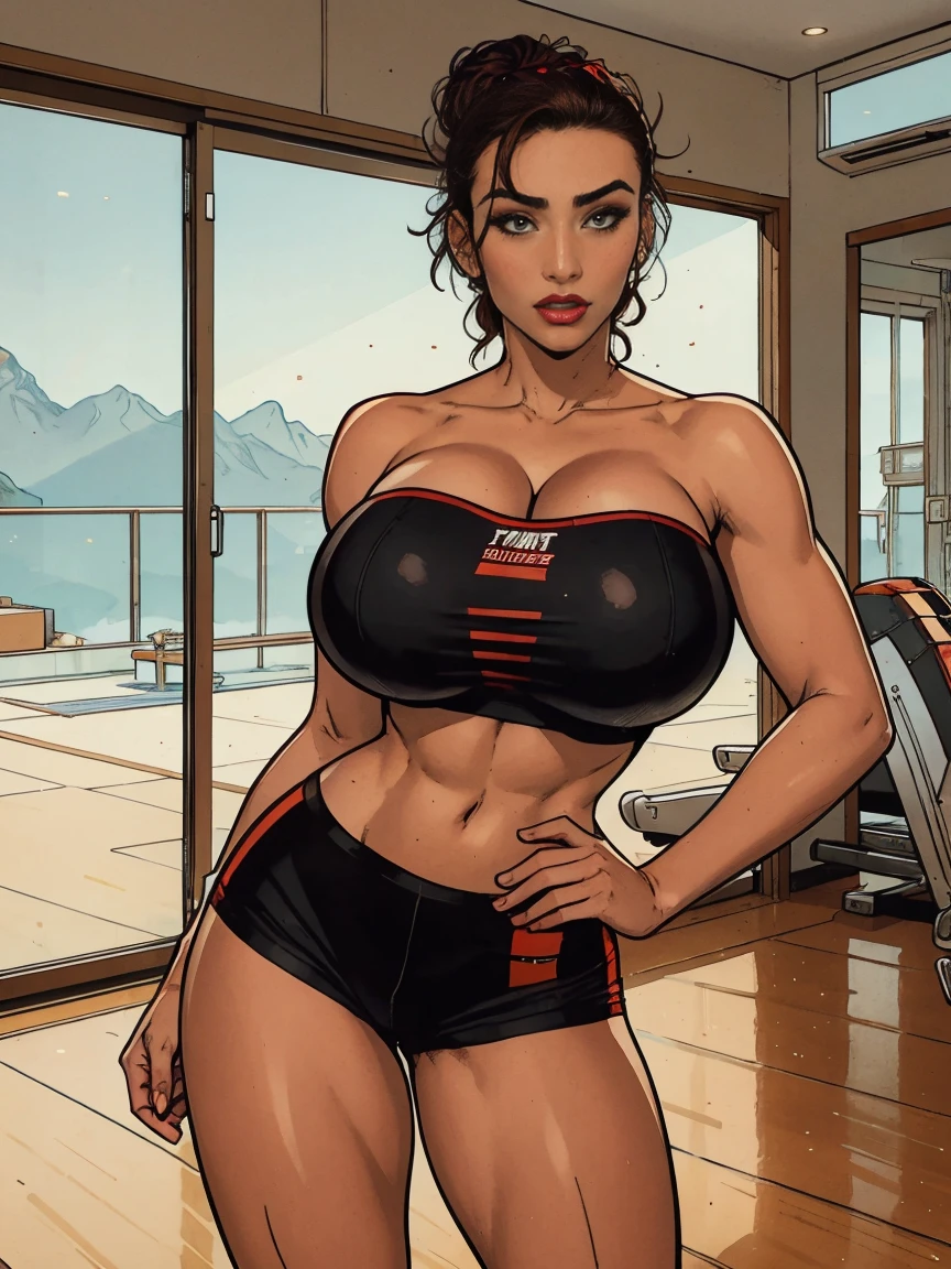 Extremely busty thin and toned brunette, gym girl, fair skin, loose updo, soft face, athletic, strapless bright (cherry red sports bra), tiny (black compression shorts). standing by a sliding glass door, gym, windows