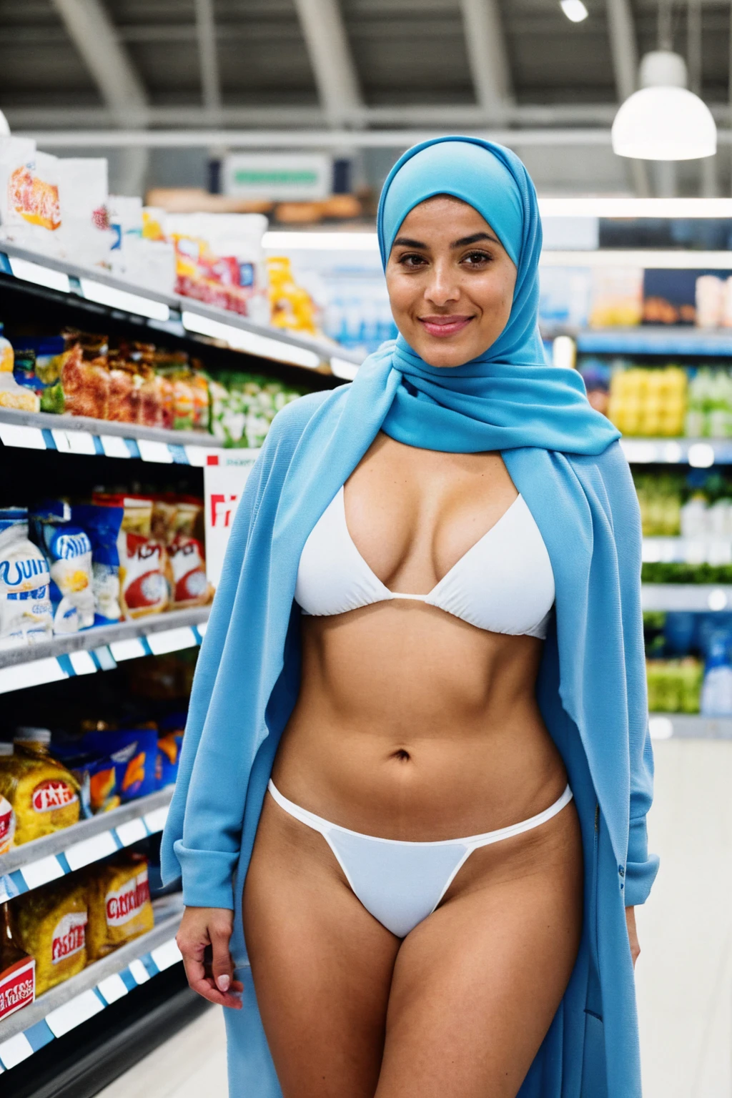 RAW photo,candid photograph, full body,photo of a beautiful,influencer,30yo Moroccan woman,short light blue hijab,detailed skin,pubes,naked, looking at viewer, thick body structure,white background,standing in an Albert Heijn supermarket, candid pose,blue light, film grain, kodak color, instagram LUT