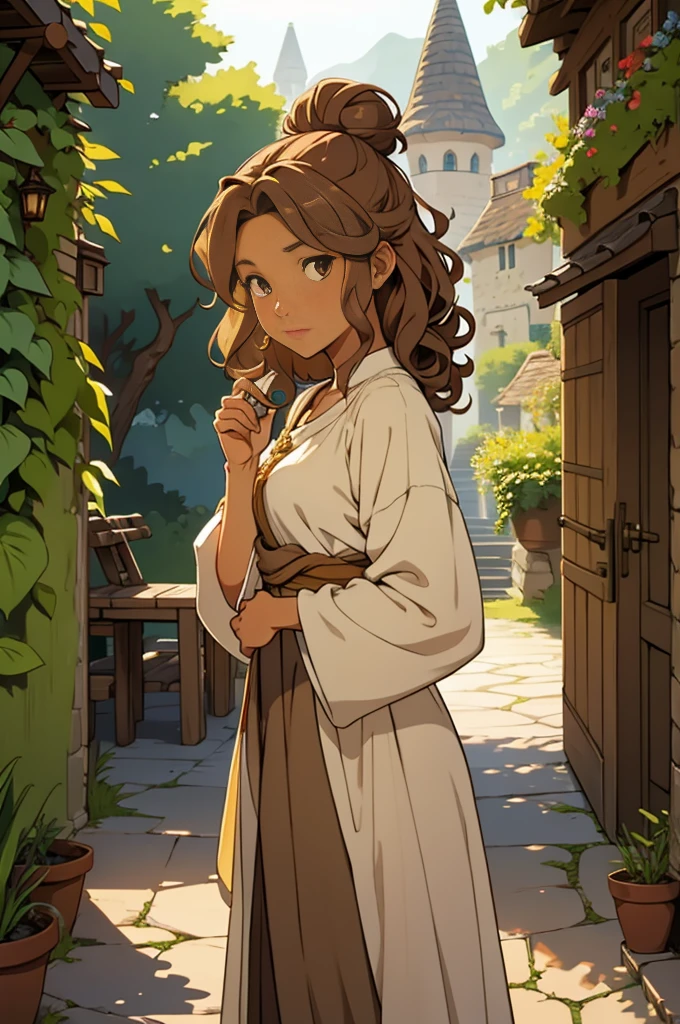 standing alone, female, bard, standing, gazing at viewer, skin tanned, fantasy village, Linen tunic, layer, Light brown bun hair, curly hair, Destaca-se