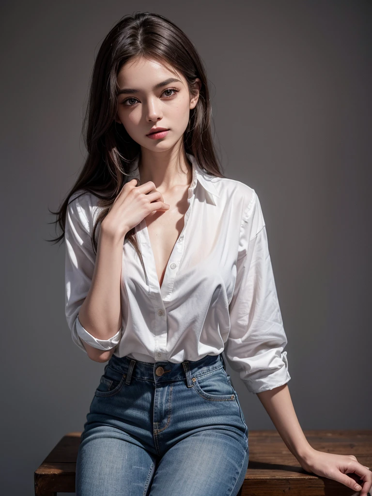 ((Highest quality, 8K, masterpiece :1.3)), Sharp focus :1.2, Beautiful woman with perfect figure :1.4, 1 Girl,Slim Abs :1.2, ((Dark brown hair,chest :1.2)), (White long formal shirt)(Unbutton your shirt.), Gray background:1.2, Highly detailed face and skin texture, fine grain, double eyelid,Beautiful Hands,Five Fingers,Full body portrait,Cowboy Shot,jeans,Cast a Shadow,Sitting on a chair,Binding one's arms with a rough rope、The rope bound her body.,((Tying over clothes,Put your arms behind your back, Suppressed, Rope bondage:1.4)),