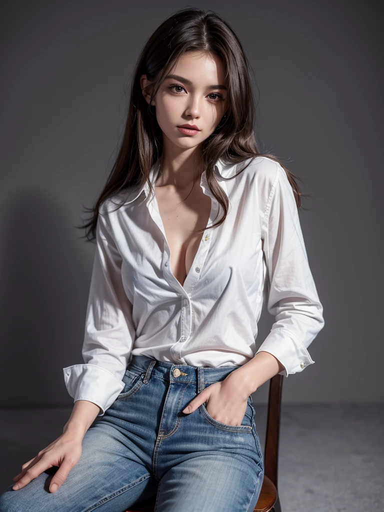 ((Highest quality, 8K, masterpiece :1.3)), Sharp focus :1.2, Beautiful woman with perfect figure :1.4, 1 Girl,Slim Abs :1.2, ((Dark brown hair,chest :1.2)), (White long formal shirt)(Unbutton your shirt.), Gray background:1.2, Highly detailed face and skin texture, fine grain, double eyelid,Beautiful Hands，Five Fingers,Full body portrait,Cowboy Shot,jeans,Cast a Shadow,Sitting on a chair,Binding one&#39;s arms with a rough rope、The rope bound her body.,((Tying over clothes,Put your arms behind your back, Suppressed, Rope bondage:1.4)),