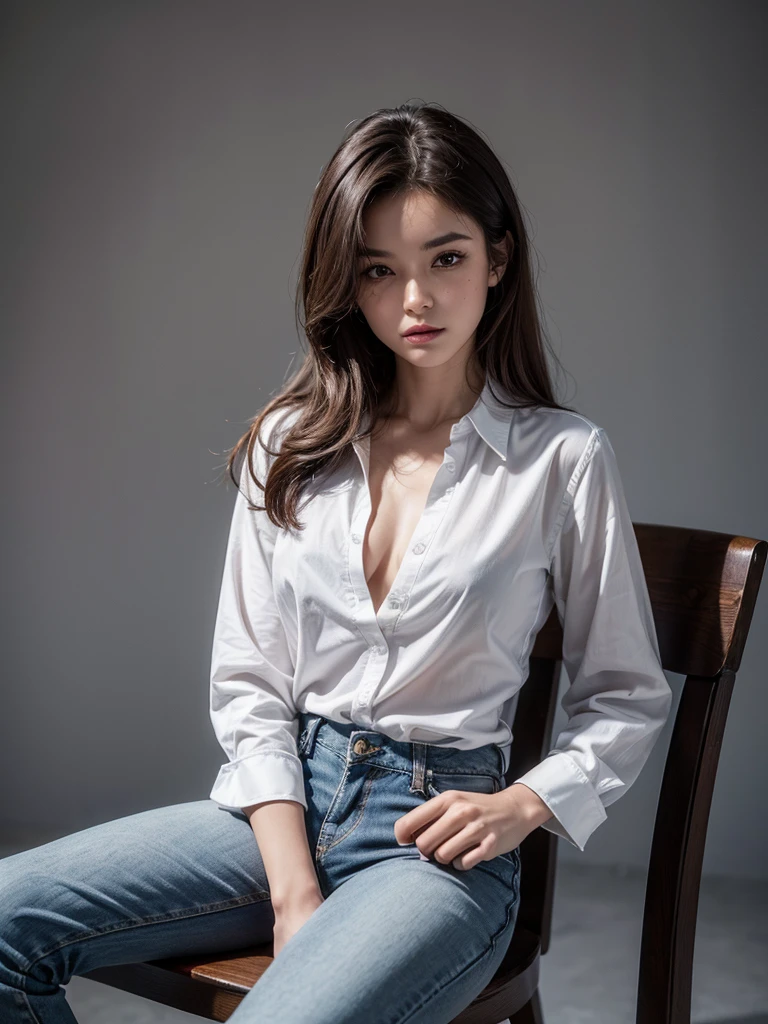 ((Highest quality, 8K, masterpiece :1.3)), Sharp focus :1.2, Beautiful woman with perfect figure :1.4, 1 Girl,Slim Abs :1.2, ((Dark brown hair,chest :1.2)), (White long formal shirt)(Unbutton your shirt.), Gray background:1.2, Highly detailed face and skin texture, fine grain, double eyelid,Beautiful Hands，Five Fingers,Full body portrait,Cowboy Shot,jeans,Cast a Shadow,Sitting on a chair,Binding one&#39;s arms with a rough rope、The rope bound her body.,((Tying over clothes,Put your arms behind your back, Suppressed, Rope bondage:1.4)),