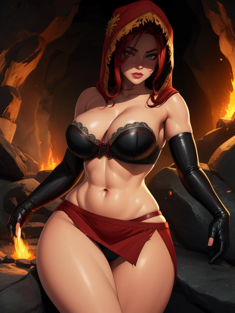 Dsorceress, redhair, shadowy face,dark cave, fire, hood, shadowed face, strapless bra, slim and athletic body, miniskirt, no panty, elbow gloves, dark skin, 1 girl (insanely detailed, masterpiece, best quality)