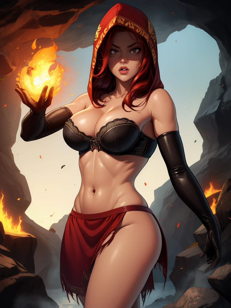 Dsorceress, redhair, shadowy face,dark cave, fire, hood, shadowed face, strapless bra, slim and athletic body, miniskirt, no panty, elbow gloves, dark skin, 1 girl (insanely detailed, masterpiece, best quality)