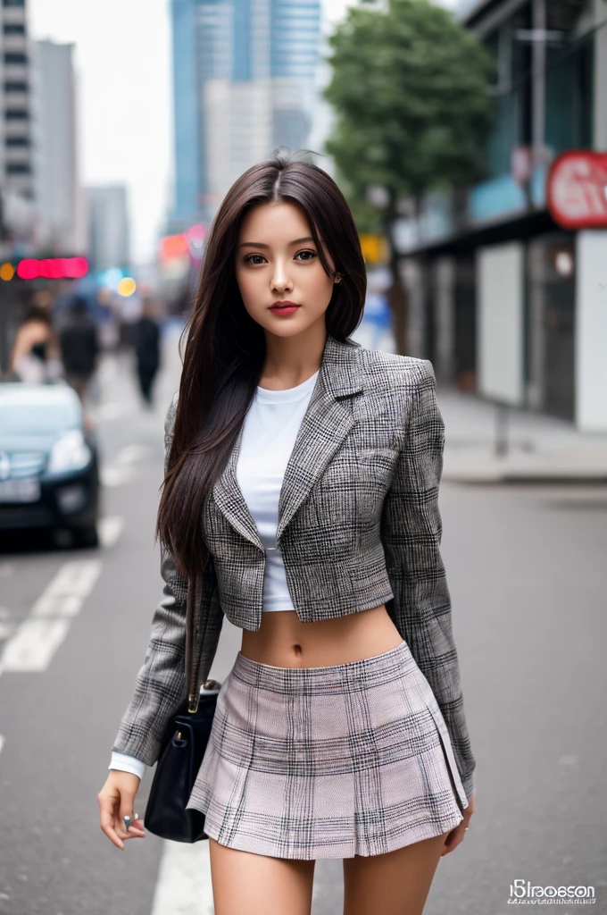 a 17 year old girl, she is the most beautiful actress in the world, the perfect body proportions of this girl, the blazer is appropriately buttoned up on her waist area of the shirt that she wears, her crotch area of the panties between her bare legs are hardly hidden by the short skirt from the wind, it's just the front of her body, it's just one description, it from right above her head to right below her shins are within the apace, she is standing straight at the street, nsfw, best quality, highly detailed, masterpiece, ultra high res, photo realistic, 8k, RAW photo