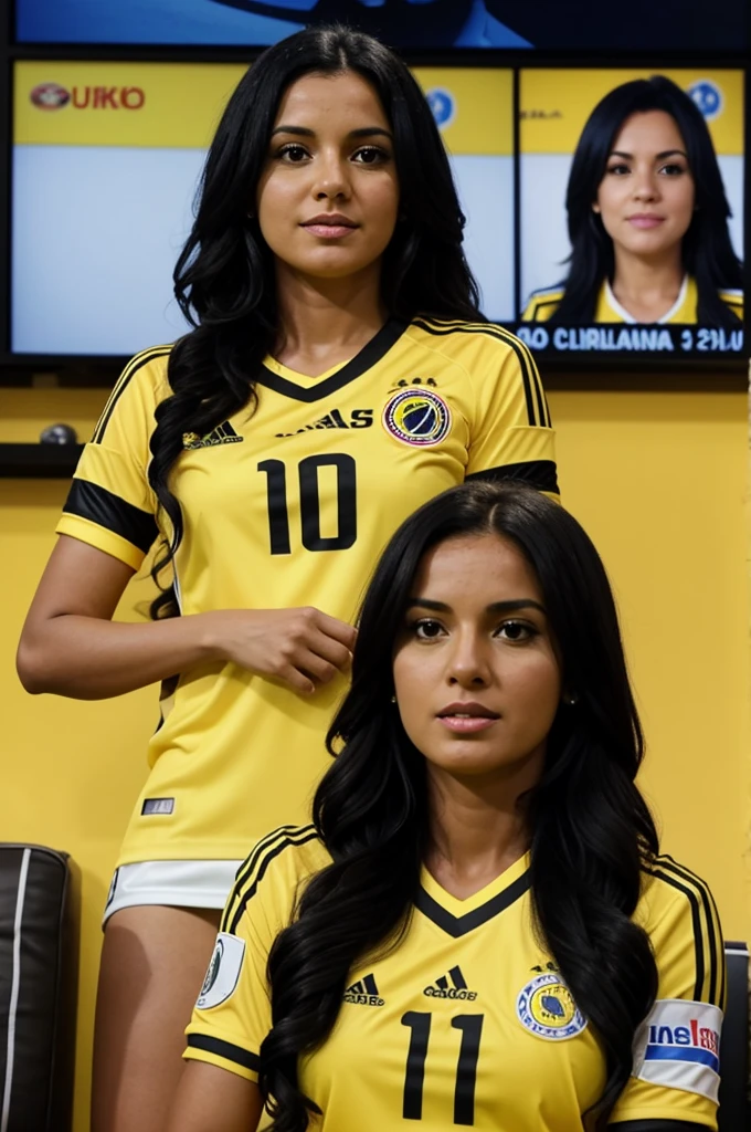 White woman with long curly black hair wearing the yellow number 10 shirt of the Colombia national team with the name Lissette on her shirt watching a soccer match on TV