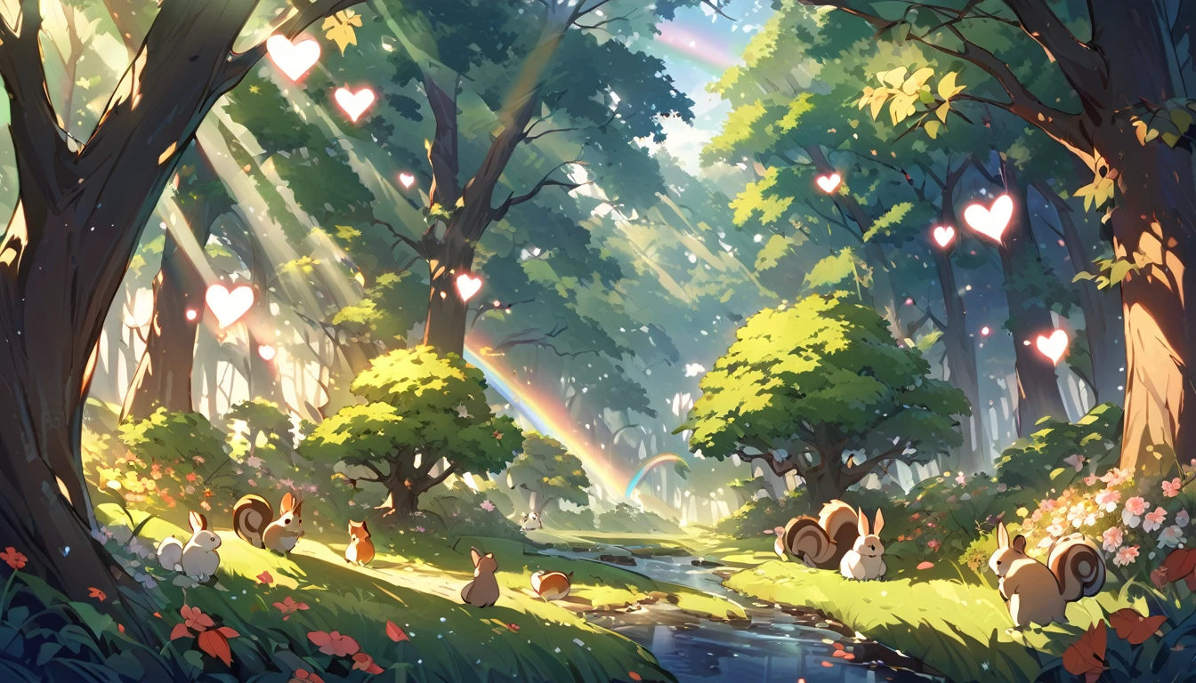 Background Setting

Time of Day: Early morning
Lighting: Soft morning sunlight gently illuminating the entire forest.
Color Scheme: Mainly soft yellows and oranges. Include some misty blues as well.
Forest Description

Trees: Various types of trees naturally placed. Show fresh green leaves and leaves covered in morning dew.
Ground: Grass and small flowers wet with morning dew. Include small paths or a sparkling stream.
Heart Description

Placement: Hearts scattered naturally throughout the forest. Hearts drawn among the tree leaves, on the ground, and glowing in the morning light.
Style: Hand-drawn and cute. Primarily pinks and reds, with some rainbow and pastel colors.
Size: Varying sizes, considering perspective for placement.
Animals

Types: Small animals like birds, squirrels, and rabbits playing around the hearts.
Placement: Randomly placed to appear natural. On trees, along paths, and by the stream.
Additional Elements

Mist: Soft morning mist covering the entire forest.
Light Effects: Hearts slightly glowing as they are illuminated by the morning sun.
Shadows: Use light and shadow contrasts to create a three-dimensional effect.
Overall Atmosphere

Emotion: Peaceful and heartwarming.
Message: The beauty of a new day and nature, with hearts symbolizing love and peace.
