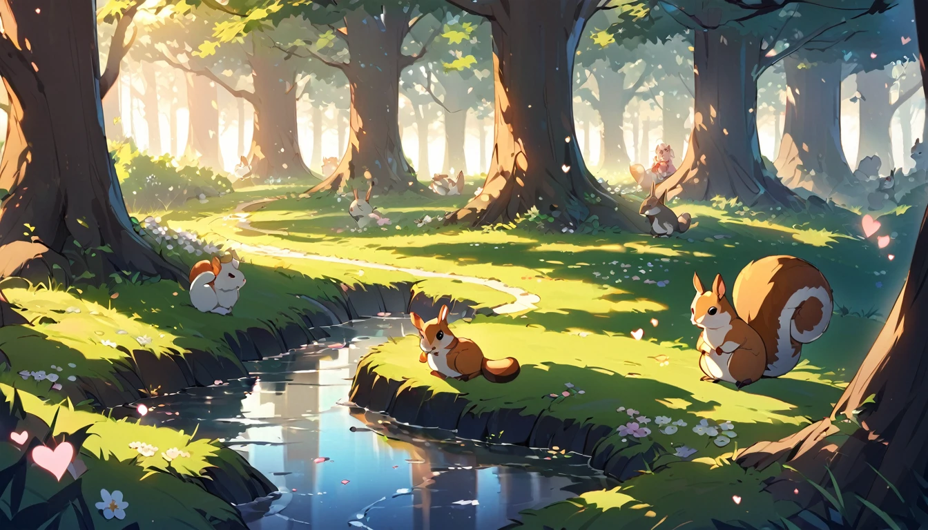 Background Setting
Time of Day: Early morning
Lighting: Soft morning sunlight gently illuminating the entire forest.
Color Scheme: Mainly soft yellows and oranges. Include some misty blues as well.
Forest Description
Trees: Various types of trees naturally placed. Show fresh green leaves and leaves covered in morning dew.
Ground: Grass and small flowers wet with morning dew. Include small paths or a sparkling stream.
Heart Description
Placement: Hearts scattered naturally throughout the forest. Hearts drawn among the tree leaves, on the ground, and glowing in the morning light.
Style: Hand-drawn and cute. Primarily pinks and reds, with some rainbow and pastel colors.
Size: Varying sizes, considering perspective for placement.
Animals
Types: Small animals like birds, squirrels, and rabbits playing around the hearts.
Placement: Randomly placed to appear natural. On trees, along paths, and by the stream.
Additional Elements
Mist: Soft morning mist covering the entire forest.
Light Effects: Hearts slightly glowing as they are illuminated by the morning sun.
Shadows: Use light and shadow contrasts to create a three-dimensional effect.
Overall Atmosphere
Emotion: Peaceful and heartwarming.
Message: The beauty of a new day and nature, with hearts symbolizing love and peace.