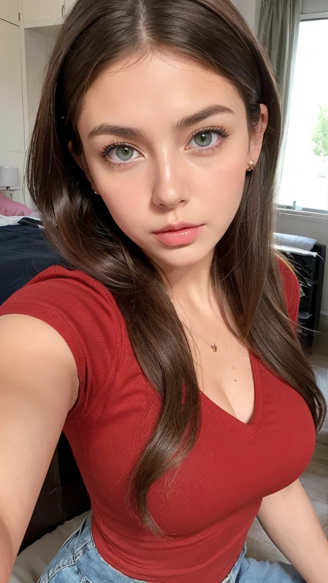 afed Woman wearing red shirt, Sexy girl with green eyes, tanned skin, Portrait Sophie Mudd, brown hair and large eyes, selfie of a young woman, bedroom eyes, Violet Myers, without makeup, Natural makeup, staring directly into camera, cara con artgram, subtle makeup, Impresionante foto de whole body, piercing green eyes, beautiful angle, attractive pose, Cute , only face pose, brunette goddess, High detail, Satisfied pose
