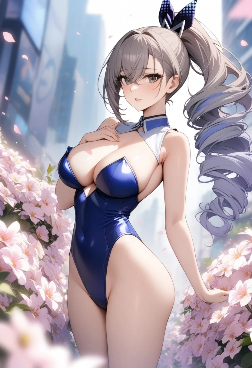 masterpiece, best quality, very aesthetic, absurdres, 1girl, mature_lady,  ,silver_wolf, gray eyes, high ponytail,,surrounding by flowers,falling_petals, outdoors, petals,,,blur background,background defocus,floating hair, Playboy suit.