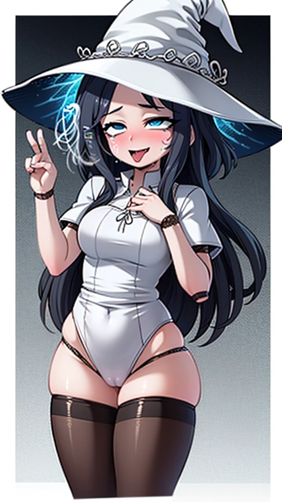 female, female only, seductive. seductive smile, blush, blushing, lusty smile, is horny, lusty expresion, hearts, thick ass, thick thighs, pink hearts, yandere trance, hands on own face, hands on own cheeks, facing viewer, simple background, ranni the witch, blue skin, blue hair, blue eyes, witch, snow witch, riding dildo, orgasm face, ahegao, rolling eyes, open mouth, tongue, sticking out tongue,